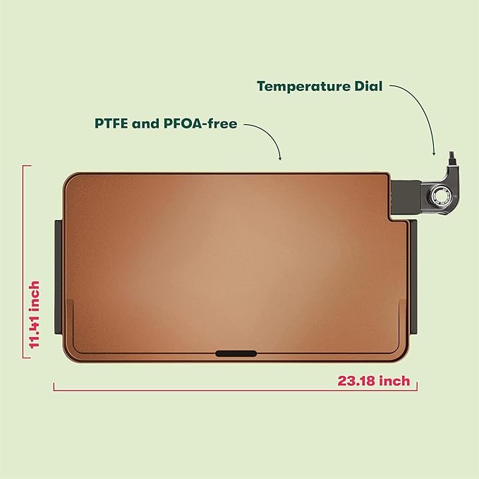 Plancha eléctrica Dolphin Minja XL de cerámica y titanio, cocina 15 huevos a la vez, revestimiento antiadherente ecológico y saludable, fácil de limpiar, amplia superficie de cocción sumergible, 30,5 x 55,9 cm, color cobre/negro 