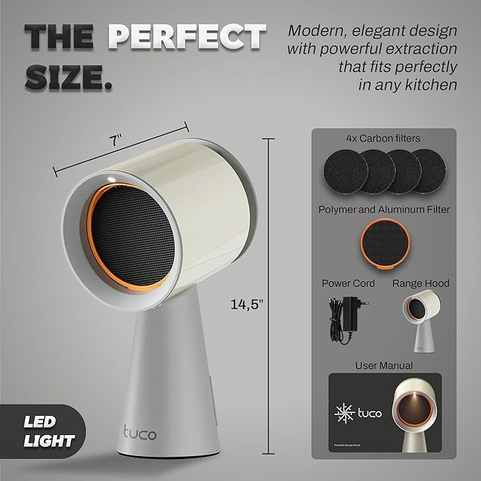 Campana extractora portátil Dolphin Minja, extractor de cocina de sobremesa con 3 velocidades, triple filtro de polímero, aluminio y carbón, bajo nivel de ruido, copa recolectora de aceite, purificador de aire para humos de barbacoas de interior (Gris) 