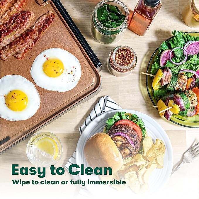 Plancha eléctrica Dolphin Minja XL de cerámica y titanio, cocina 15 huevos a la vez, revestimiento antiadherente ecológico y saludable, fácil de limpiar, amplia superficie de cocción sumergible, 30,5 x 55,9 cm, color cobre/negro 