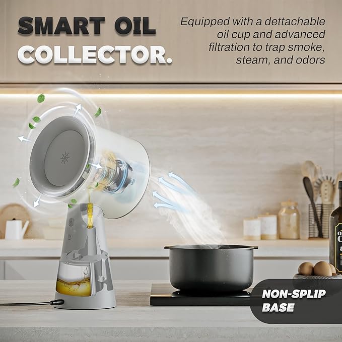 Campana extractora portátil Dolphin Minja, extractor de cocina de sobremesa con 3 velocidades, triple filtro de polímero, aluminio y carbón, bajo nivel de ruido, copa recolectora de aceite, purificador de aire para humos de barbacoas de interior (Gris) 