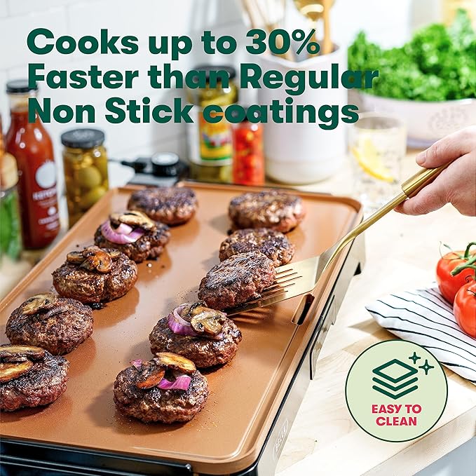 Plancha eléctrica Dolphin Minja XL de cerámica y titanio, cocina 15 huevos a la vez, revestimiento antiadherente ecológico y saludable, fácil de limpiar, amplia superficie de cocción sumergible, 30,5 x 55,9 cm, color cobre/negro 