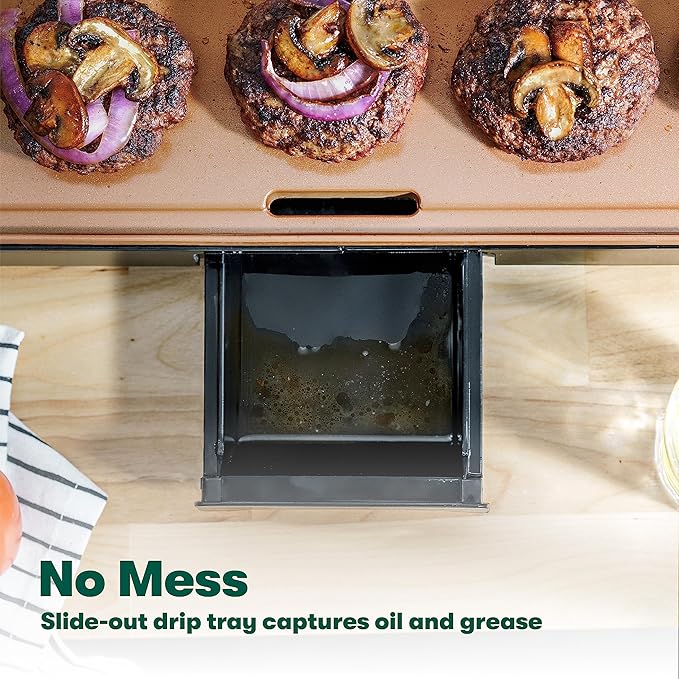 Plancha eléctrica Dolphin Minja XL de cerámica y titanio, cocina 15 huevos a la vez, revestimiento antiadherente ecológico y saludable, fácil de limpiar, amplia superficie de cocción sumergible, 30,5 x 55,9 cm, color cobre/negro 